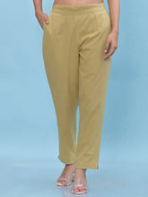 Women Olive Solid Cotton Pants with Partially Elasticated Waistband and Two Side Pockets-J4958OT9OLIVE